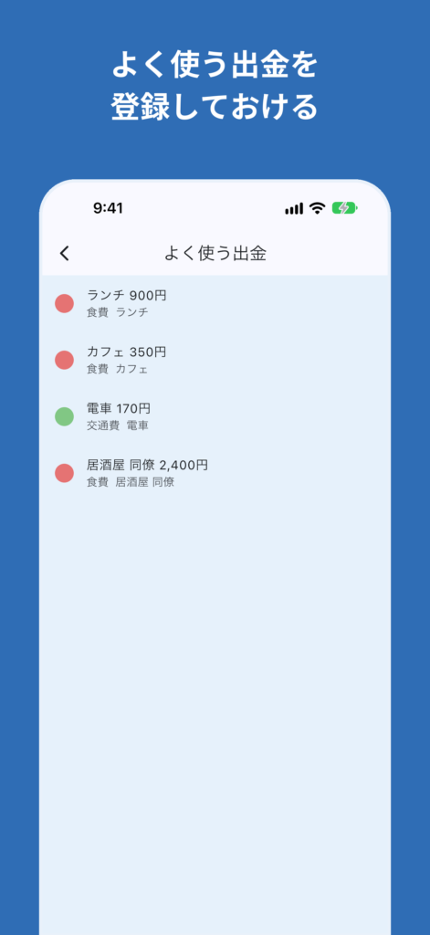 大人のお小遣い帳の画面:よく使う出金