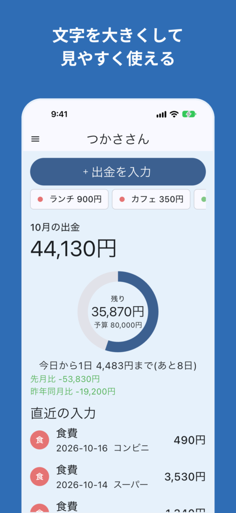 大人のお小遣い帳の画面:文字の大きさ:特大